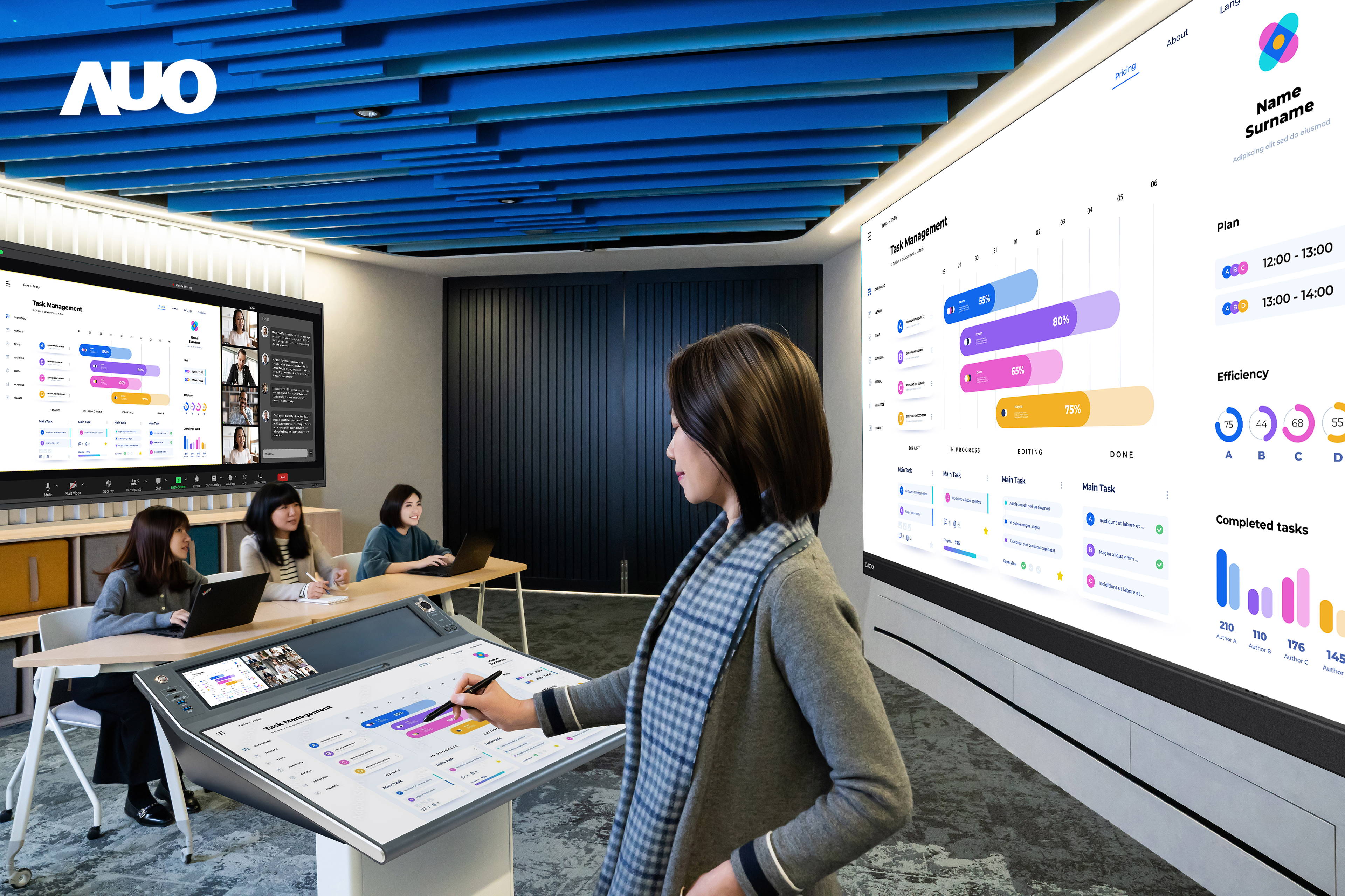 達擎攜手Avocor與Rise Vision展示全方位商務領域應用，包含採用模組化設計的138吋一體式All-in-One LED顯示器及具21:9超寬比例的92吋互動式電子白板（IFPD），講者可輕鬆分享內容，有效提升會議協作效率。